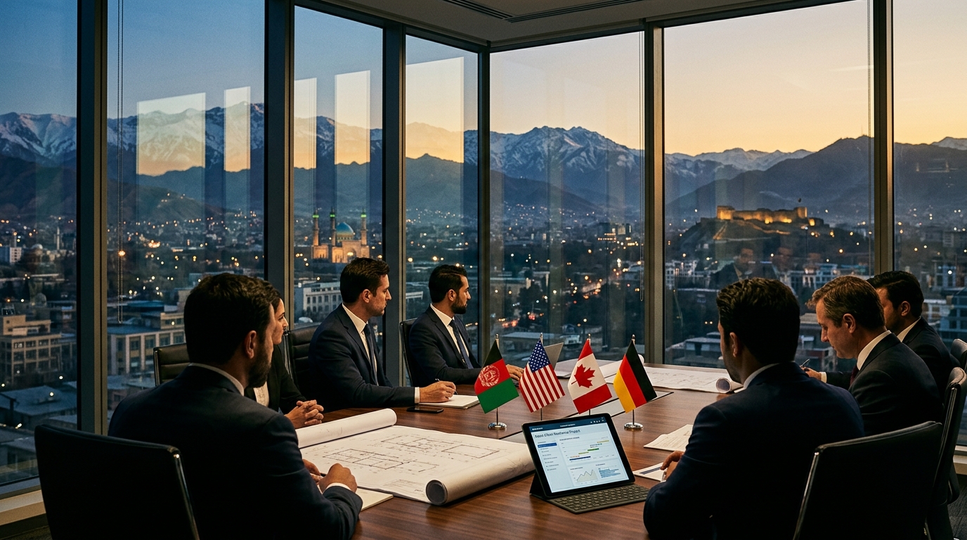 Illustration of a consulting team overlooking Kabul and the Hindu Kush mountains